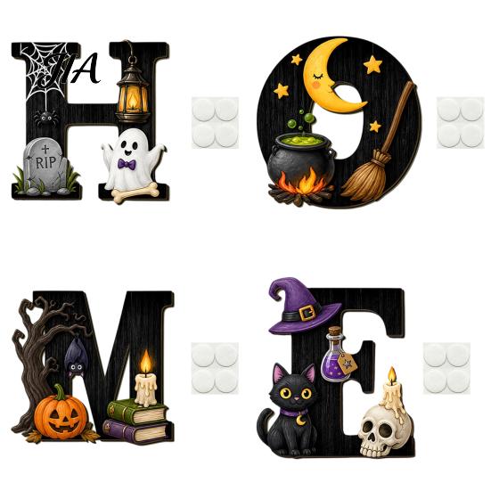 Halloween Party Supplies HOME Letter Wall Hanging Ornament, Wooden Festive Decor with Ghost Skull Indoor Ornaments Pumpkin Black Cat Bat Elements for