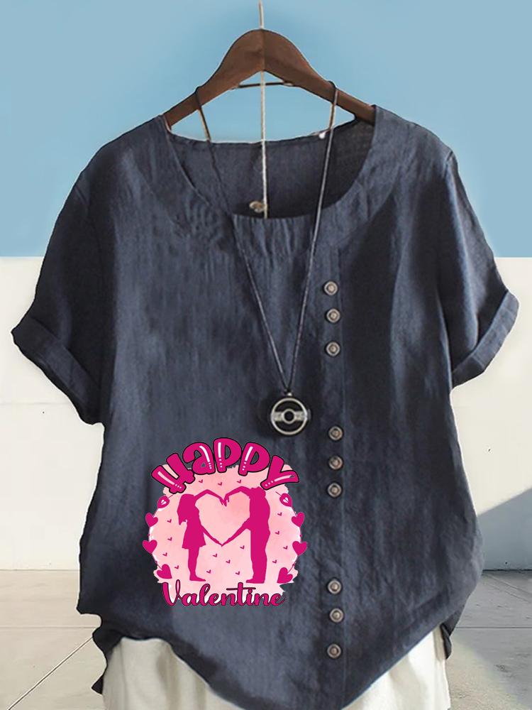 Women's Fashion Love Letter Print Casual Cotton Linen Short Sleeve Round Neck T-shirt Shirt Leisure Loose Summer Blouse Tops