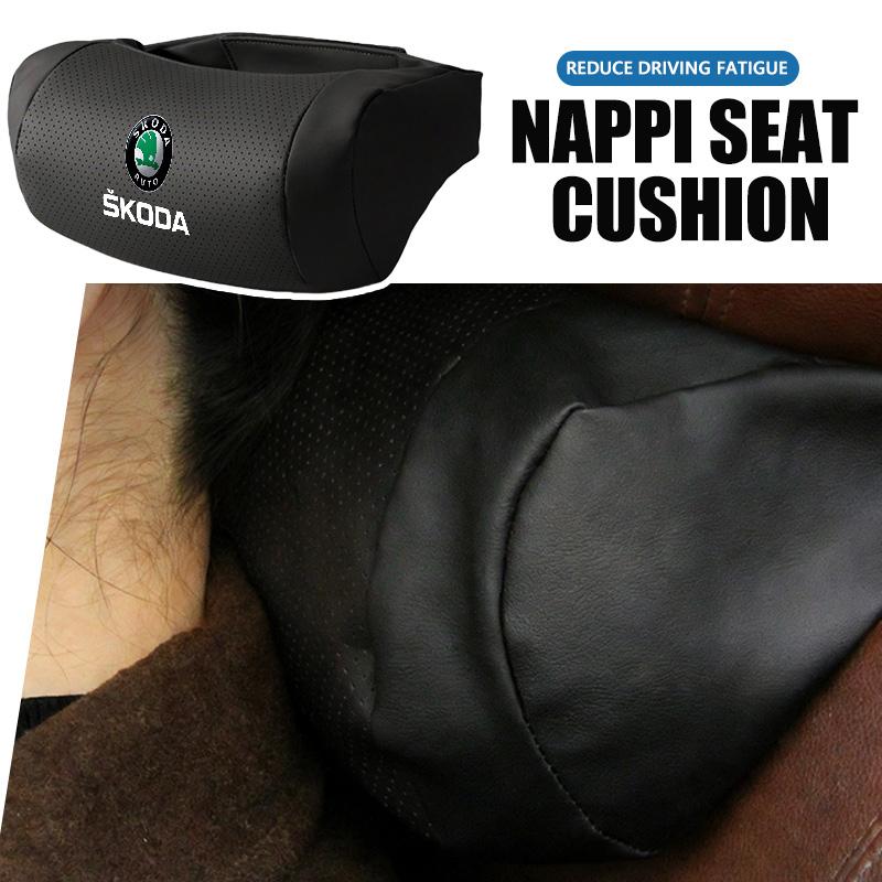 CTGI2 For Skoda Car Logo Seat Headrest Leather Neck Pillow Decorative Accessories Kamiq Karoq Octavia 2 3 Rapid Scala Kami Fabia VII