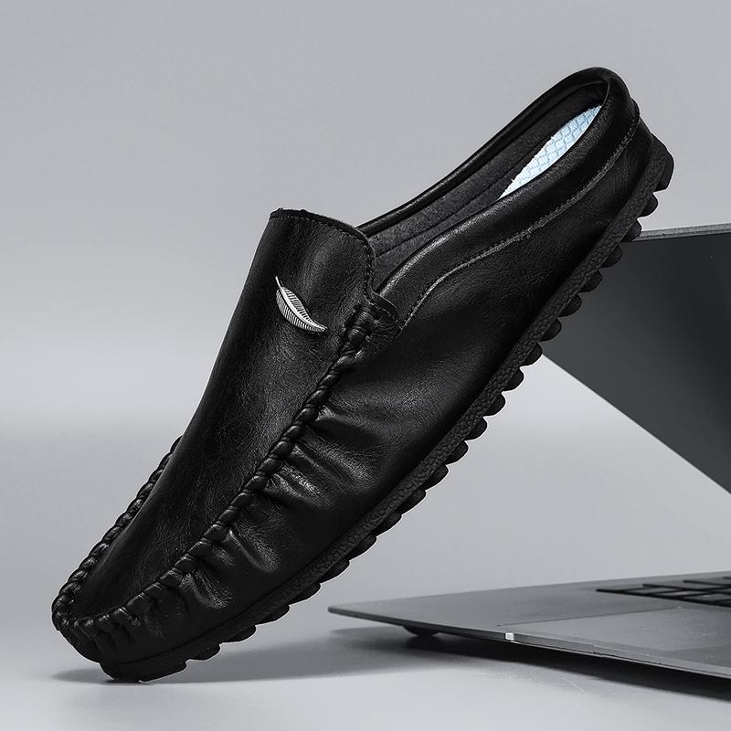 Fashion Breathable Mens Half Slippers Handmade Leathe Muller Shoes Loafers Male Comfy Flats Lazy Shoes Soft Handmade Men Casual Footwear