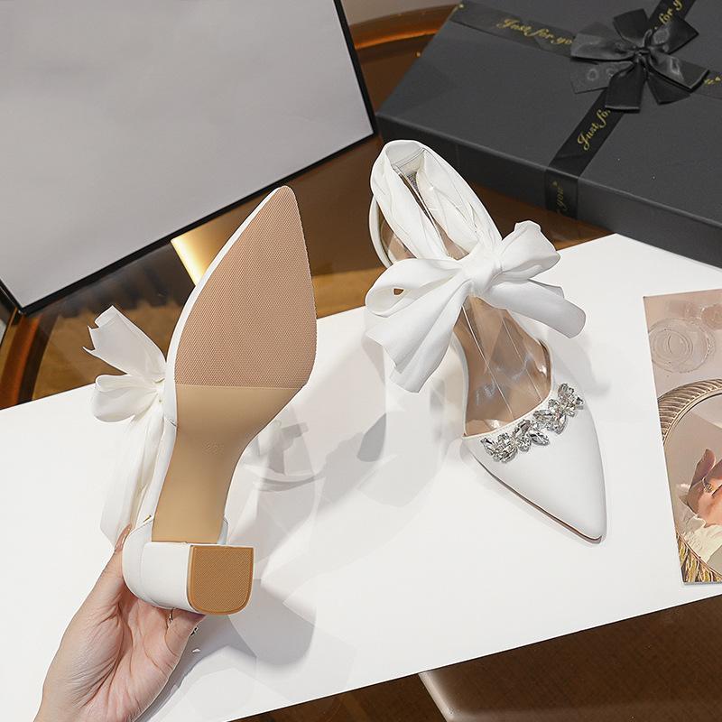 Fashion Chunky Heel Pointed Toe Hollow Out Rhinestone Bow Strap Wedding Bridal Party Shoes
