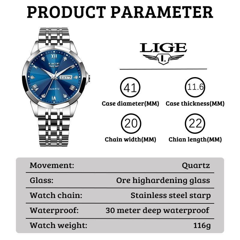 LIGE Новые мужские модные часы, роскошные деловые кварцевые часы из нержавеющей стали, водонепроницаемые часы, ночное свечение, дата, хронометр, часы