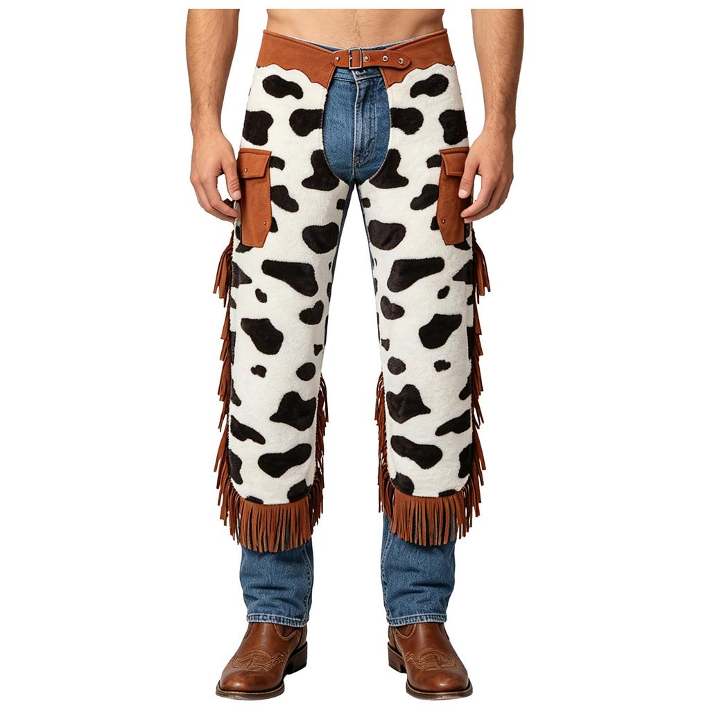 Mens Western Cowboy Fringed Chaps Cow Spot Pattern Flannel Side Tassel Patchwork Adjustable Waist Trousers