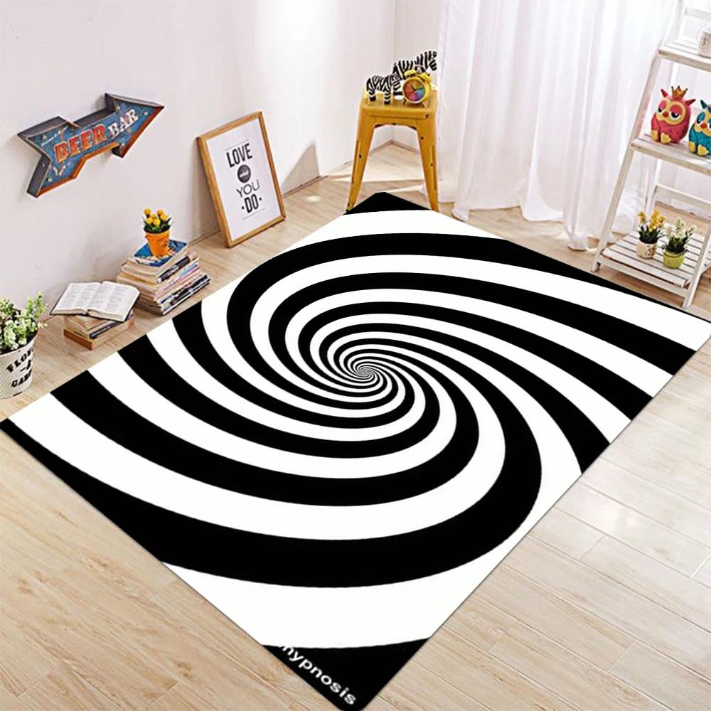 Black and White Intersecting Lines Optical Illusion Carpet Trap Area Anti Slip Square Living Room Short Plush Vortex Carpet