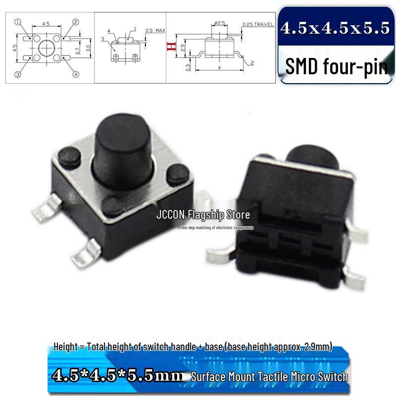 Тактильный микропереключатель SMD 4,5x4,5 мм, Варианты высоты: 3,8-9 мм, Медные штифты