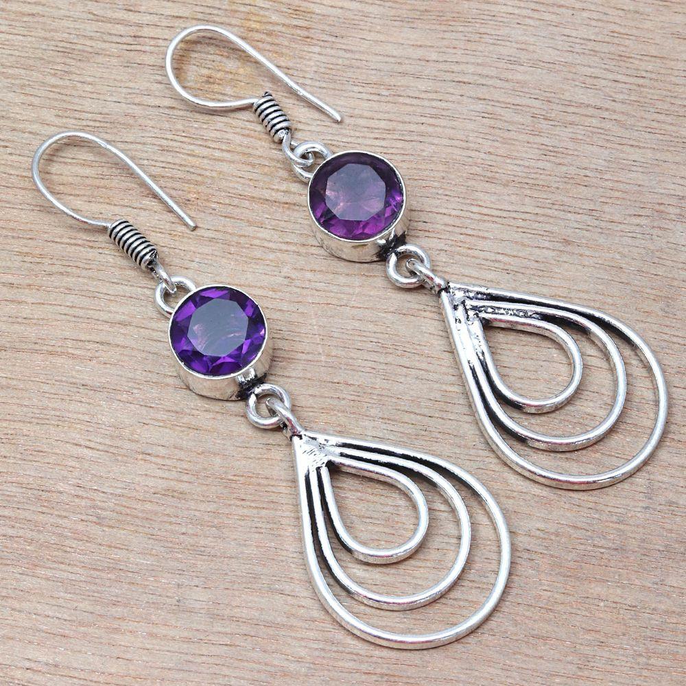 Серебряные серьги ручной работы с аметистовым кварцевым драгоценным камнем 1,5 дюйма