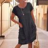 GMXIA Women's Summer Loose Solid Colour Pocket Short Sleeve O-Neck Washed Cotton Linen Dress