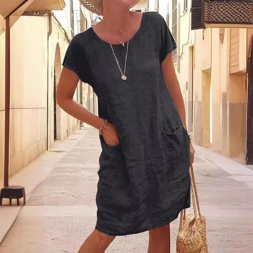 GMXIA Women's Summer Loose Solid Colour Pocket Short Sleeve O-Neck Washed Cotton Linen Dress