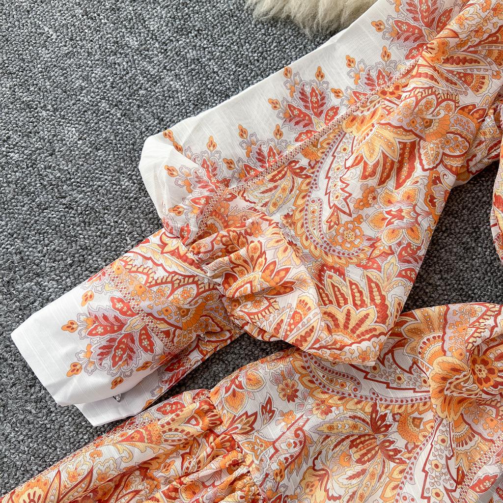 Spring Autumn Women Big Size Print Single Breasted Long Maxi Loose Seaside Holiday Beach Dresses with Belt