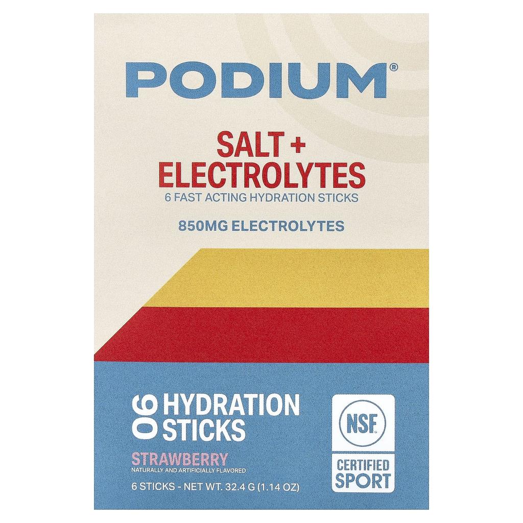 Podium Nutrition, Salt + Electrolyte, Hydration Stick, Strawberry, 6 Stalks, 32.4g (1.14oz)