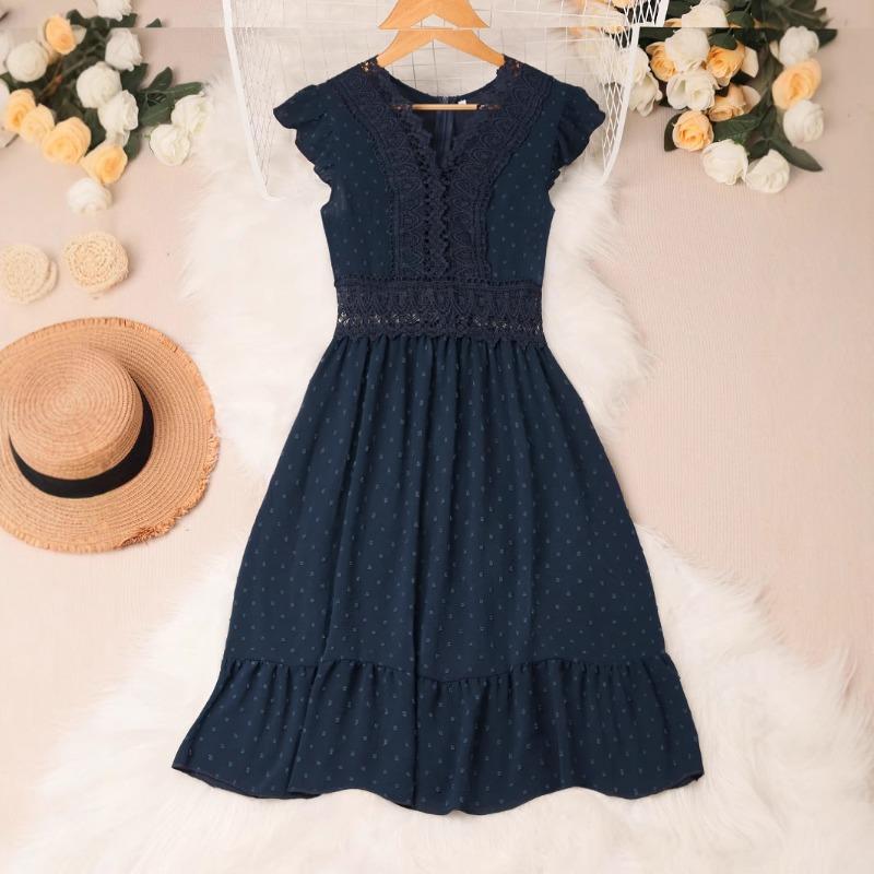 Кружевное кружевное пэчворк плиссированное V-образное декольте с небольшими рукавами-крылышками темпераментное элегантное платье