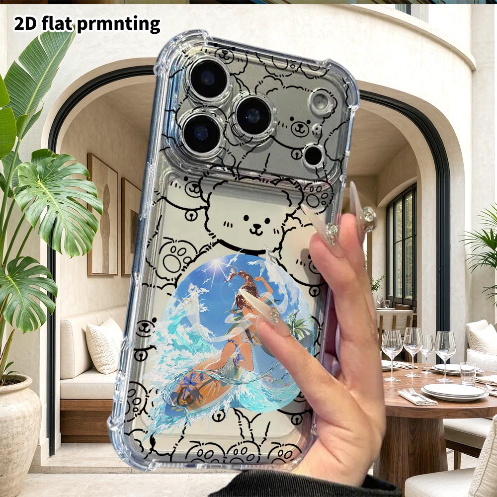 Phone case: 2D flat suitable for iPhone 18 17 16 15 14 13 Pro, transparent four corner protective case, surfing girl, Christmas and Halloween gifts