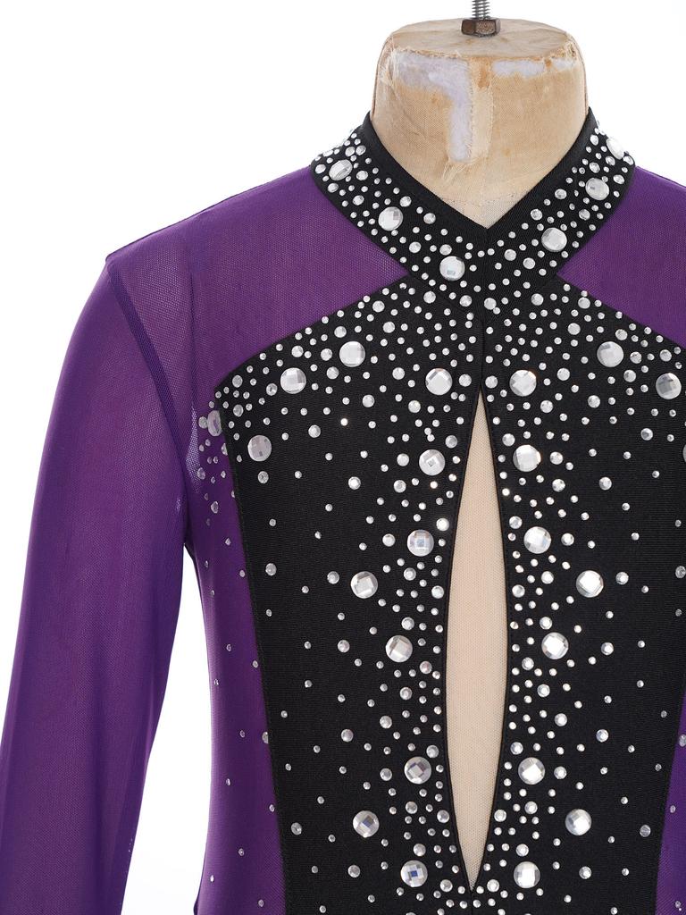 Девочки Блестящий Стразы Гимнастический Купальник Color Block Прозрачная Сетчатая Вставка Юбка Боди Фигурное Катание Танцы Гимнастика