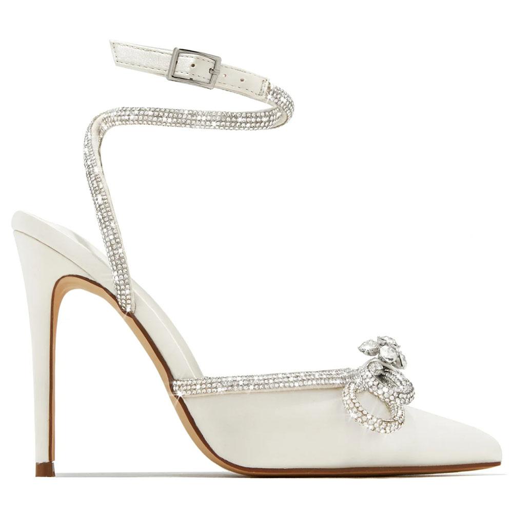 Женские туфли-лодочки со стразами и бантом на каблуке, блестящие свадебные туфли с закрытым острым носком, сексуальные туфли-лодочки с тонким каблуком и ремешком на щиколотке, свадебные туфли на каблуке, босоножки