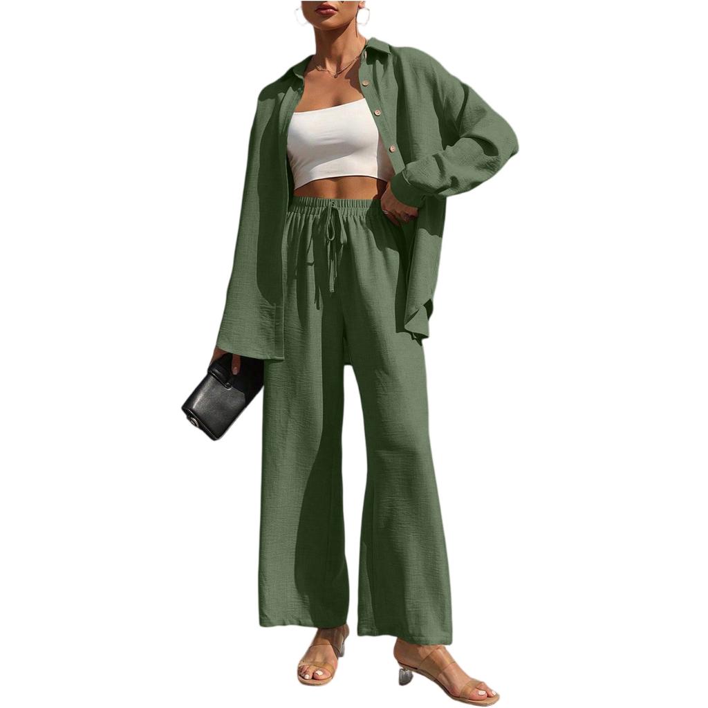 Women's Fashion Solid Color Long Sleeved Button Cardigan Top Elastic Waist Casual Pants Two-piece Set