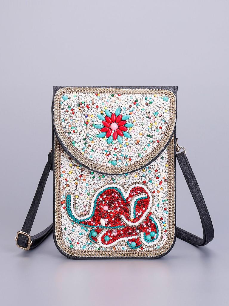 Butterfly & Flower Pattern Retro Ethnic Style 2026 New Handmade Beaded PU Crossbody Mini Phone Bag Women's Shoulder Purse