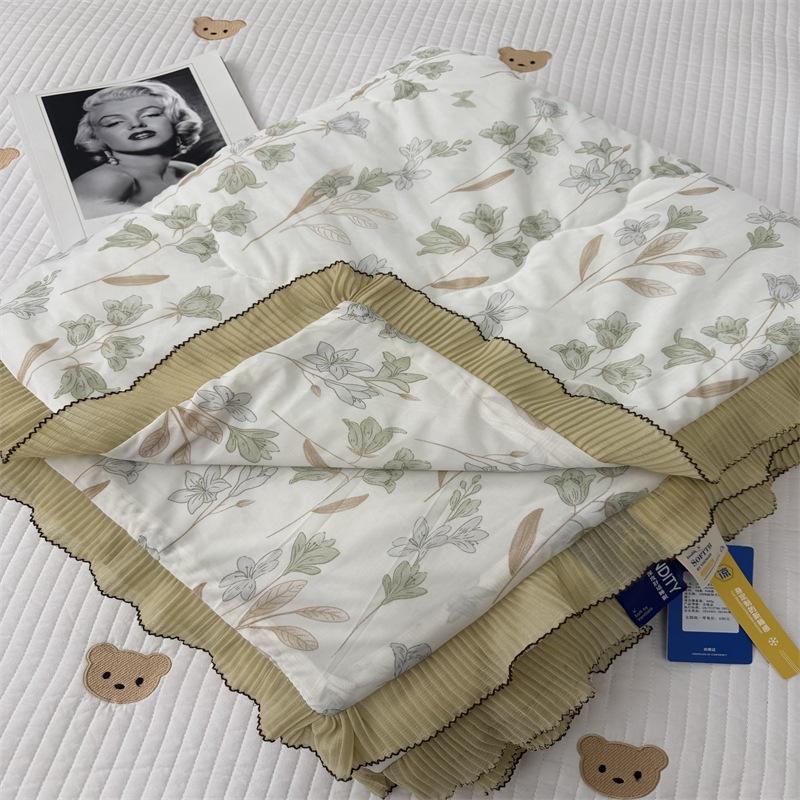 Новое милое летнее прохладное одеяло с принтом 200x230 см, приятное для кожи, одеяло для кондиционера с кружевом, мягкое шелковистое одеяло для сна без одежды