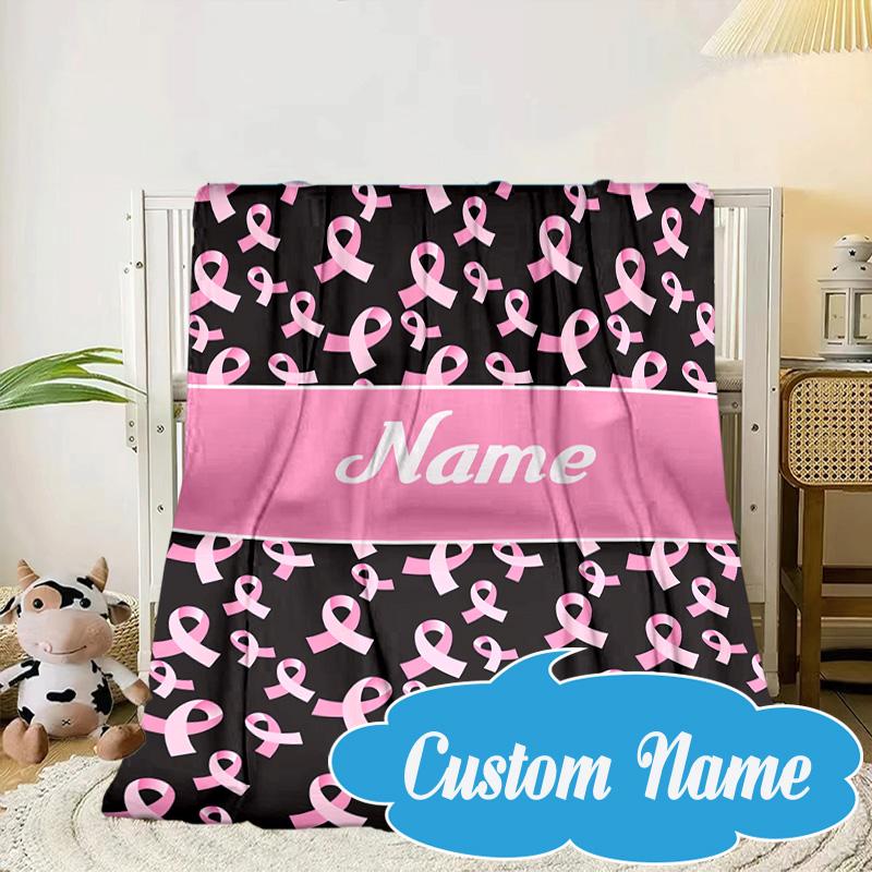 Custom Name Pink Ribbon Awareness Blanket bed sofa Blanket Flannel Blanket for Camping, Hiking, Picnic Essentials,gift for Fan family