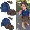 Infant Kids Baby Girls Outfits Denim Shirt Tops+Leopard Skirt + Headband 3PC Set