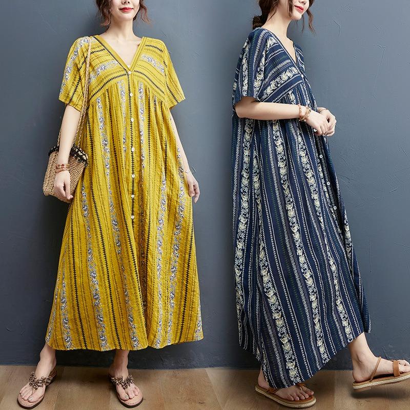 Летняя юбка длиной до колена с принтом для женщин больших размеров, литературное свободное платье с V-образным вырезом