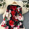 Summer Autumn Women Designer Retro Print Rose Runway Dress Full Sleeve Office Work Party Slim Bodycon Pencil Dresses