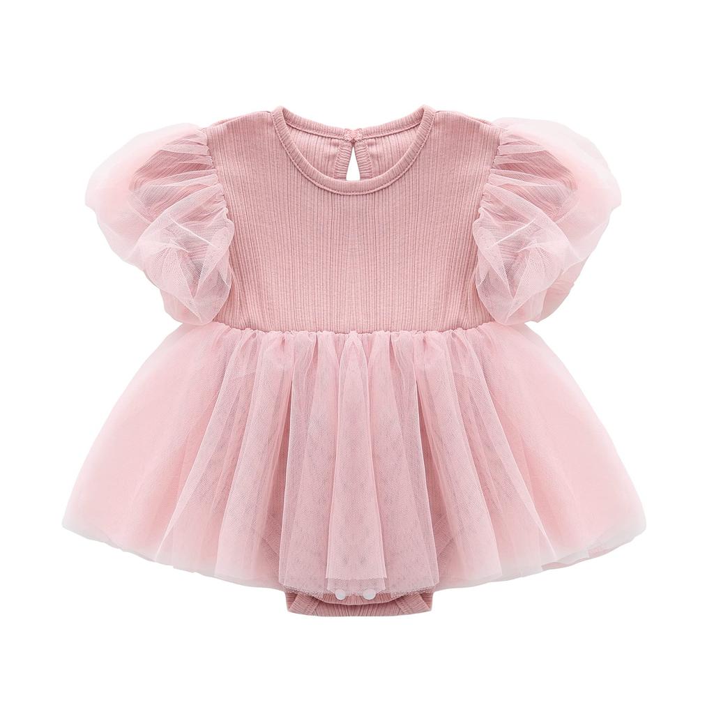 Летнее платье с коротким рукавом для малышки с юбкой из тюля и рюшами для волос, однотонное, подарок для подготовки к рождению, комбинезон для девочки, аксессуар, розовый, 6 месяцев,
