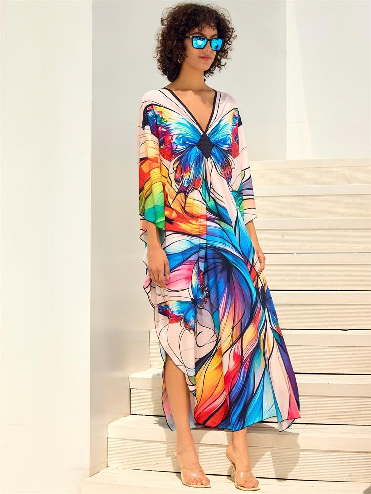 EDOLYNSA 2024 Fashion Butterfly Printed Plus Size Loose Kaftan Women's Bohemian Beach Dress Summer Swimsuit Cover-ups Casual House Robe Q1670