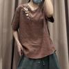 Women's Ethnic Embroidered Cotton-Linen Short Sleeve Loose Top