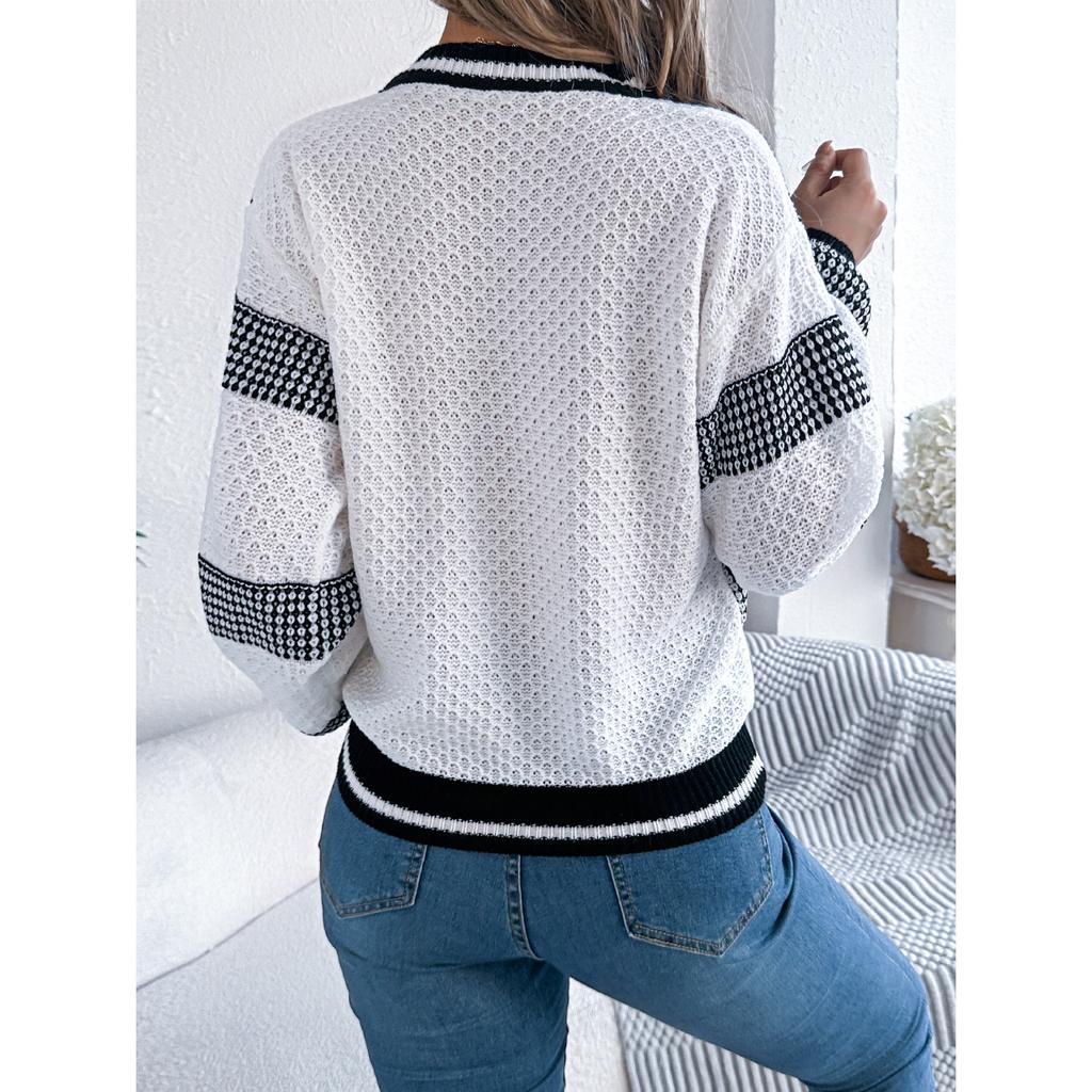 GMXIA Autumn Winter V-neck Contrasting Color Striped Lantern Long-sleeved Pullover Sweater Women's Wear