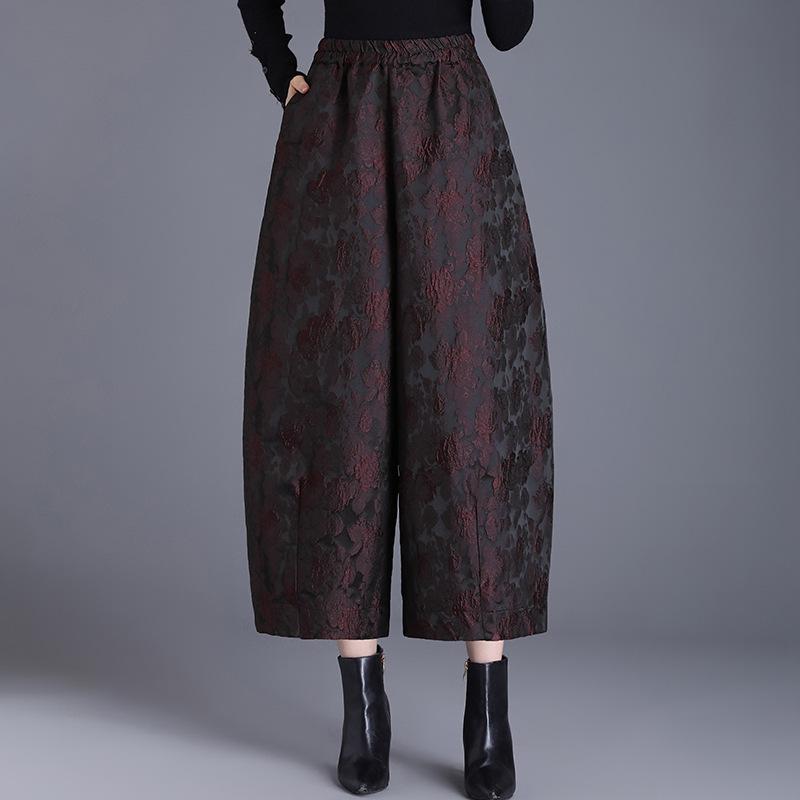 Women's Fleece-Lined Embossed Jacquard Wide-Leg Cropped Tulip Pants - Plus Size, Autumn/Winter, Casual Bootcut, High Quality