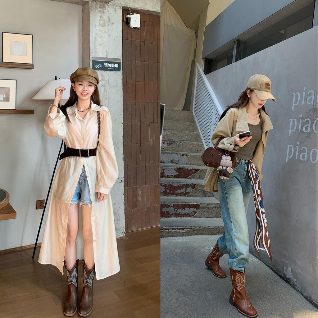 Коровья кожа~ виноградный ма такой же ретро вышитые западные ковбойские сапоги женские квадратный носок V-образный вырез сапоги толстый каблук средняя голень рыцарские сапоги