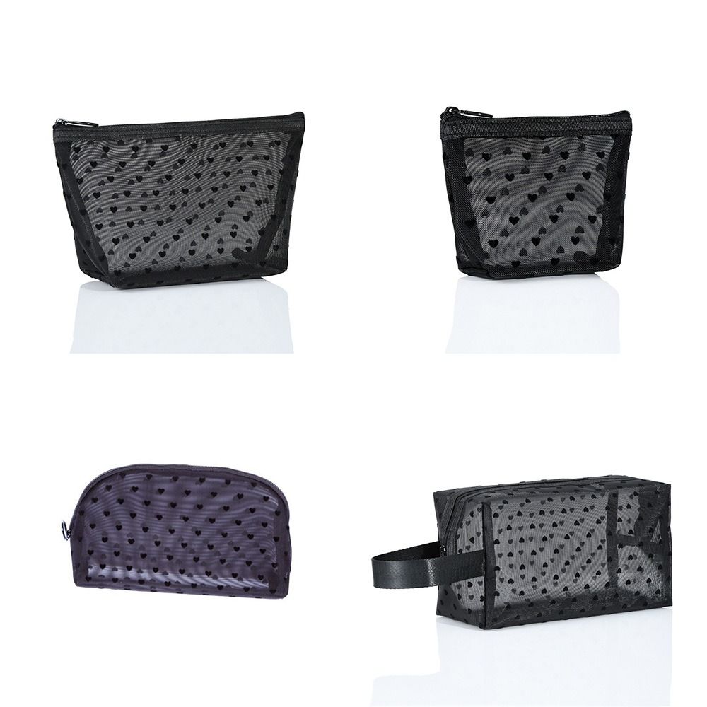 Wave Point Transparent Cosmetic Bag Zipper Love Heart Mesh Makeup Bag Fashion   Travel