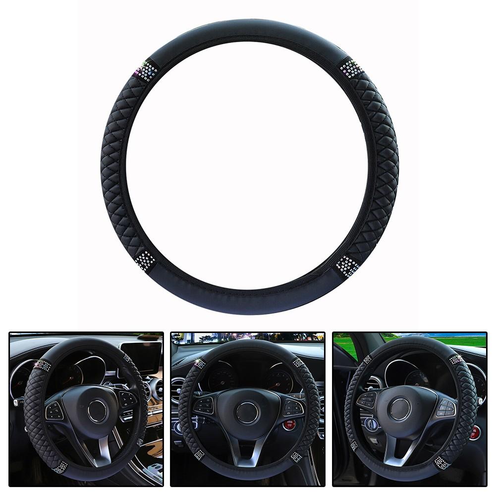 Черный чехол из искусственной кожи с бриллиантами на руль автомобиля, протектор 15/38 см, аксессуары