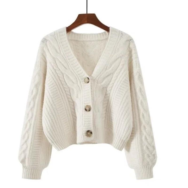 Retro Style Thin V-neck Knitted Cardigan Women's Short Sweater Twist Stripes Spring and Autumn Loose Thin Outer Fit