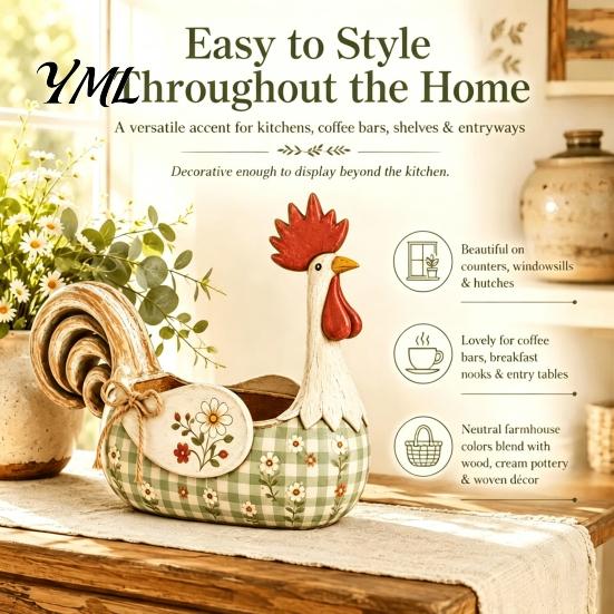 Farmhouse Utensil Holder Vintage Rooster Holder, Resin Chicken Kitchen Counter Organizer, Rustic Country Container Cooking Caddy, Floral Hen