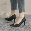 Fashion Spring Women's Shoes Black High Heels Sexy French Style Pointed Shoes Metal Decoration Paired with Skirts Elegant Banquet 2025
