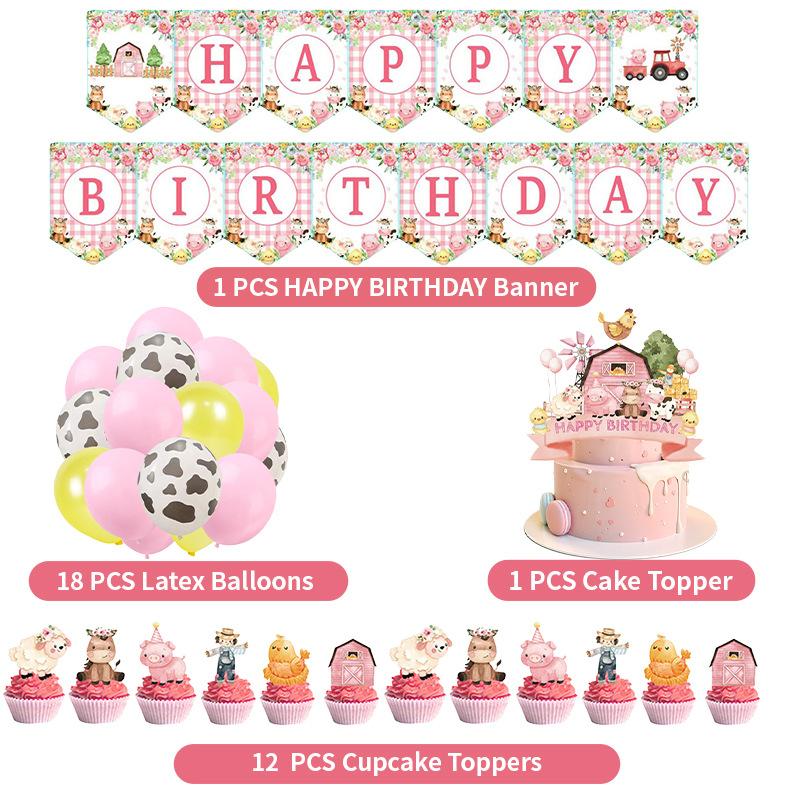 Pink Farm Ranch Animal Birthday Party Cow Banner Balloon Cake Insert Decorative Set