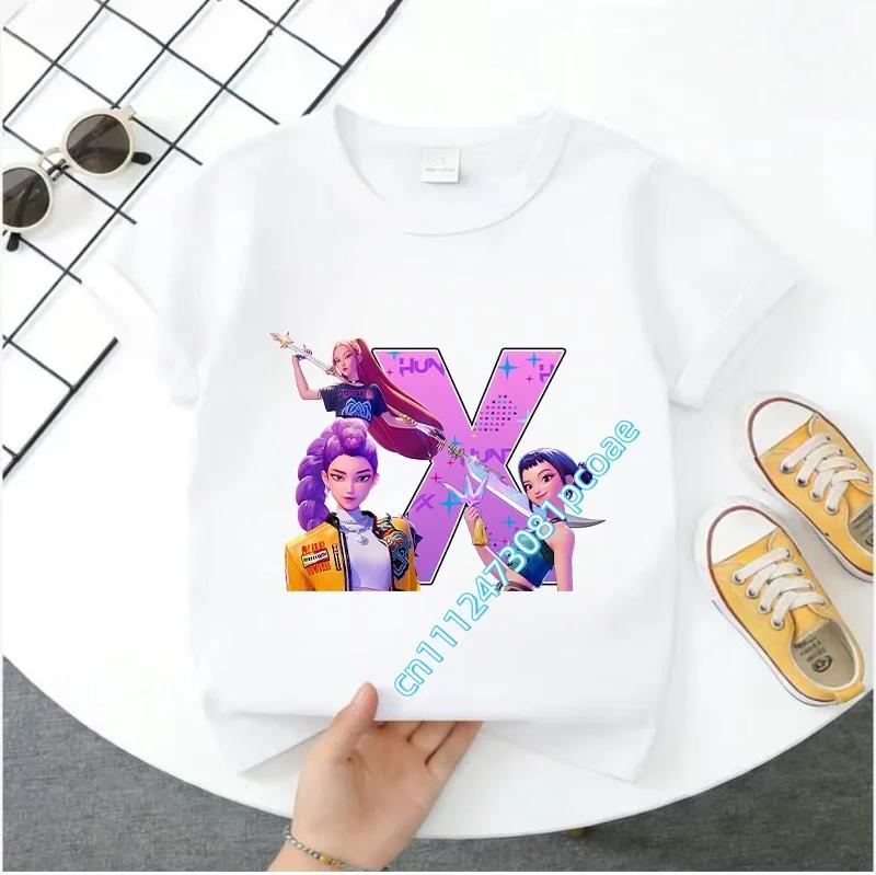 K Pop Demon Huntersd Children's Short-Sleeved Girls' Casual Shirt - Summer Pure Polyester T-Shirt with Letter A-Z Cartoon Print