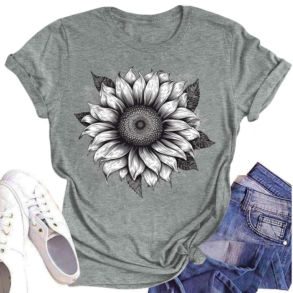 Женская повседневная футболка с круглым вырезом и цветочным принтом, короткий рукав
