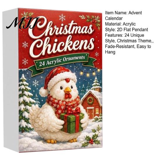 Набор календаря обратного отсчета до Рождества 'Куриный Адвент 2026', 24 уникальных 2D акриловых декоративных рождественских подвески, Милые украшения для елки