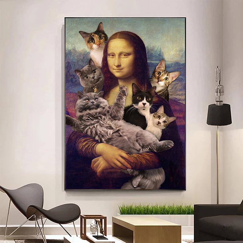 Винтажная Мона Лиза с котом, холст, картина, забавные постеры и принты, настенные художественные фотографии для гостиной, украшения дома, Cuadros