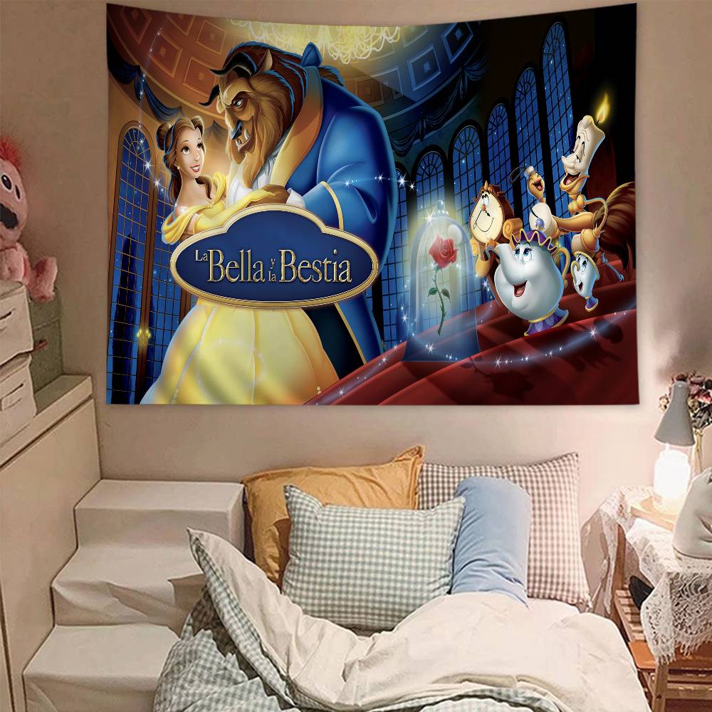 Cartoon Beauty And The Beast Tapestry Art Printing Japanese Wall Tapestry Anime Wall Hanging Home Decor