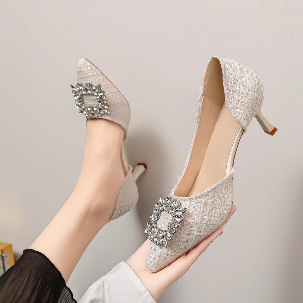 Fashionable Korean Style Diamond Ladies High Heels Low Cut Single Shoes Sharp Pointed Toe Ultra Thin Heel Women's Footwear