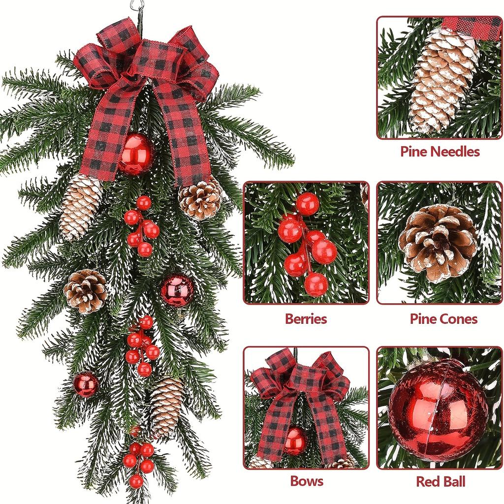 Christmas Teardrop Swag with Pine Cones & Berries. Perfect for Home, Office & Party Xmas Decor. Festive & Elegant! 