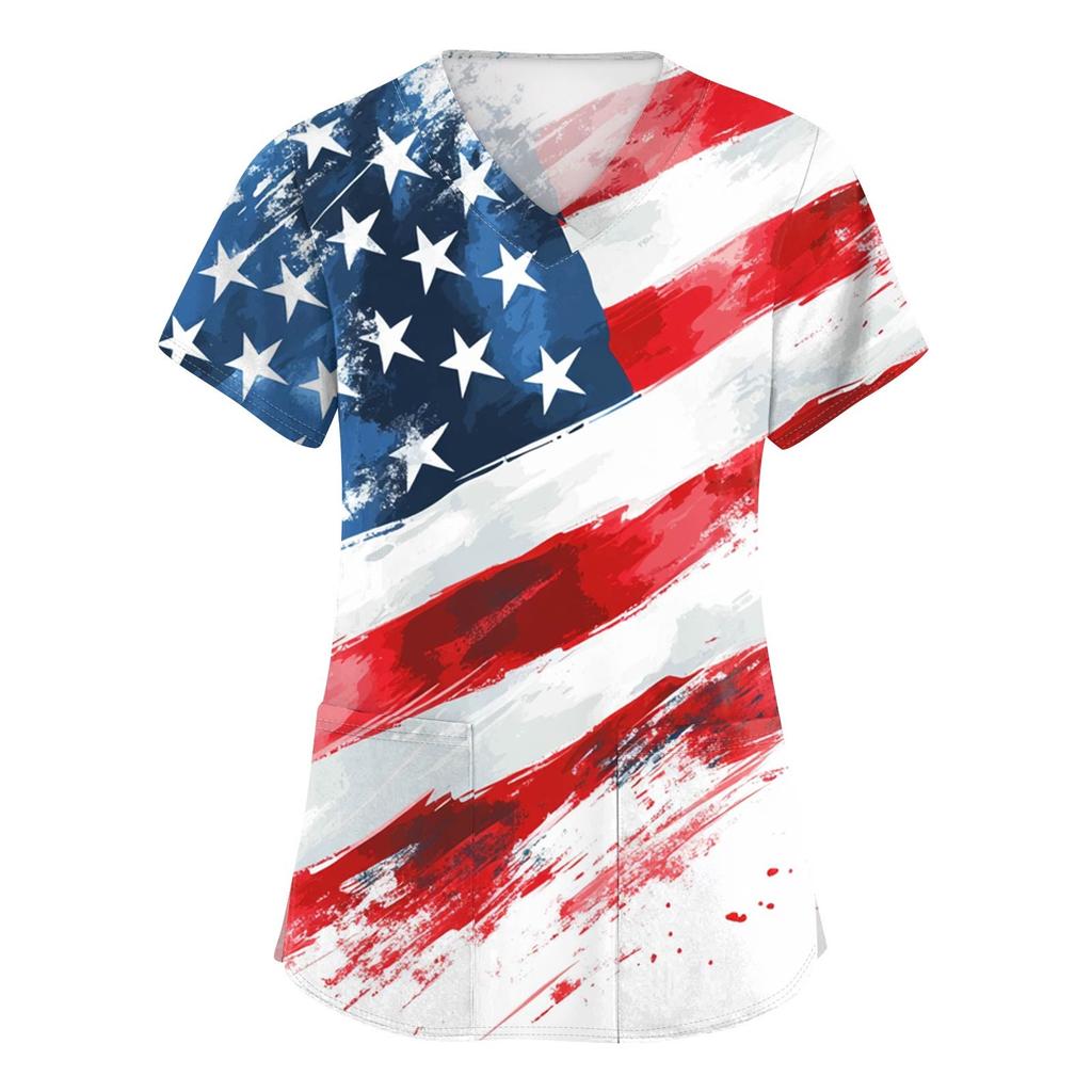 Women's Short Sleeve Independence Day Printed V-Neck Pocket Workwear Top