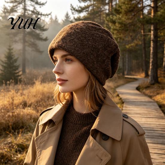 Layered Style Winter Beanies for Girls Knit Women, Thick Slouchy Skull Cap with Diamond Warm Woolen Cold Weather Texture, Soft Cozy Casual Hat Outdoor