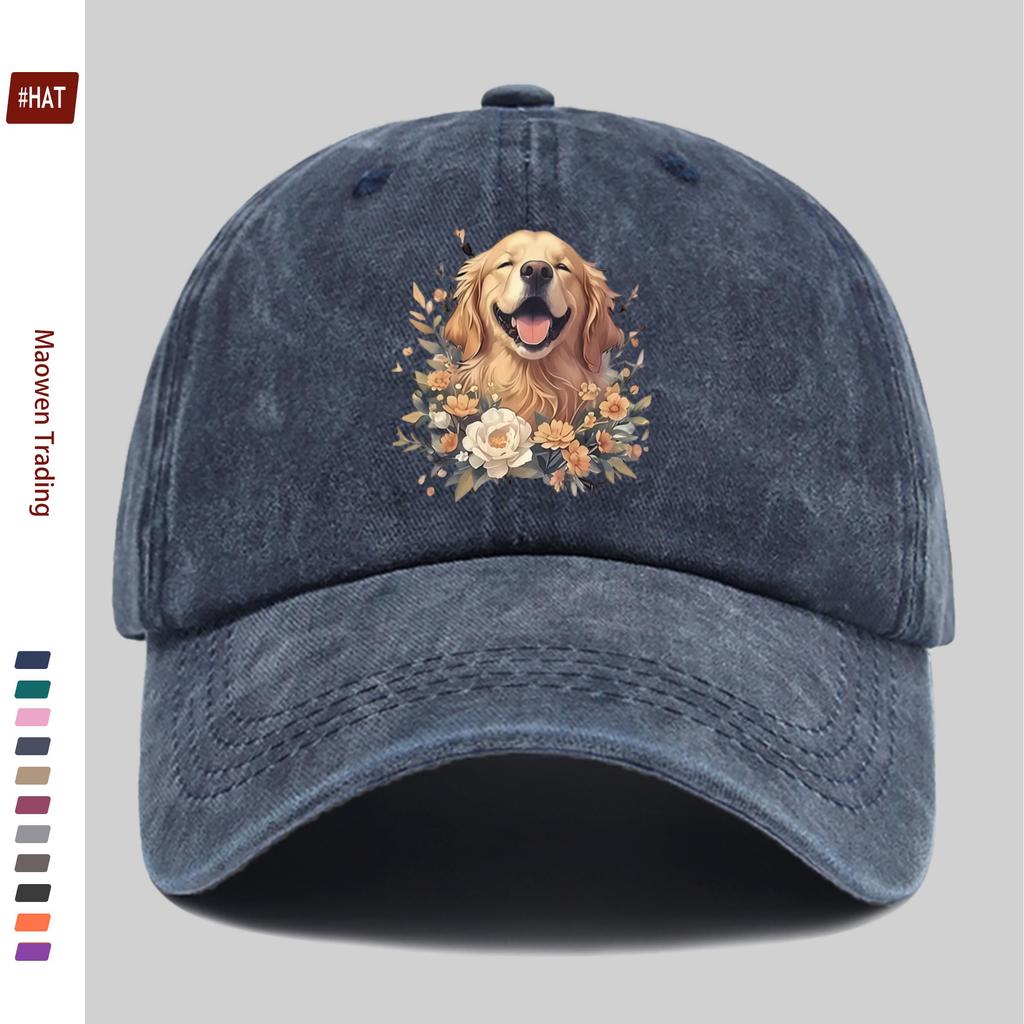 pc Golden Retriever And Floral Print Baseball Cap Cartoon Pet Dog Pattern Trucker Sun Hat Comfortable Lightweight Papa Hat D