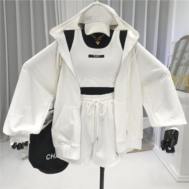 Women Spring and Autumn Clothing Fashion Casual Sports Wind Fitness Running Hoodie Shorts Three-piece Set