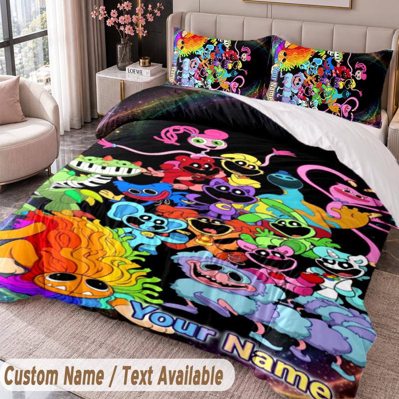 Custom Name Text 3Pcs Bedding Set Poppy Playtime Duvet Cover And Two Pillowcases