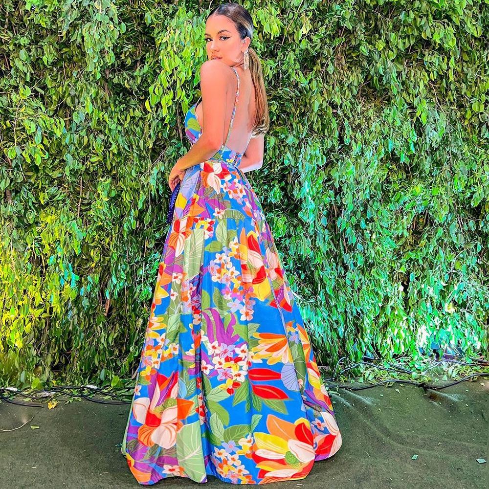 Летнее женское европейское и американское платье макси с открытыми плечами и цветочным принтом 2025 года